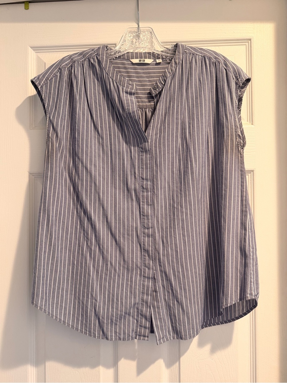 Uniqlo Button-Front Cap-Sleeve Stripe Top - Blue